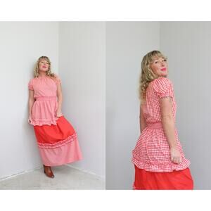 1970's Vintage Red Check Gingham Maxi Skirt & Peasant Blouse Set Women's XXS XS